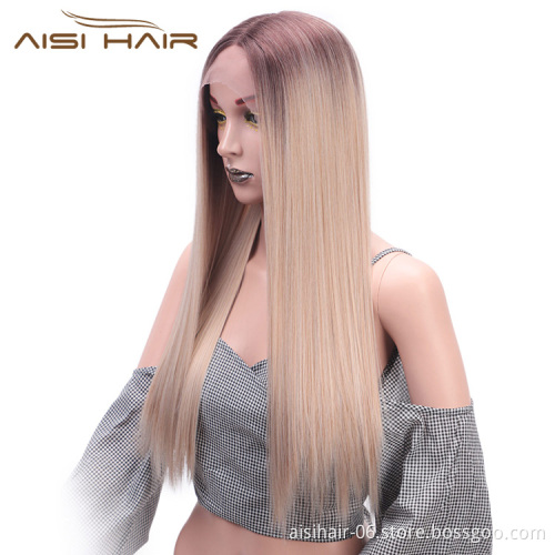 Aisi Hair Ombre Blonde Synthetic Lace Front Long Straight Wigs High Temperature Fiber Straight Lace Front Wigs